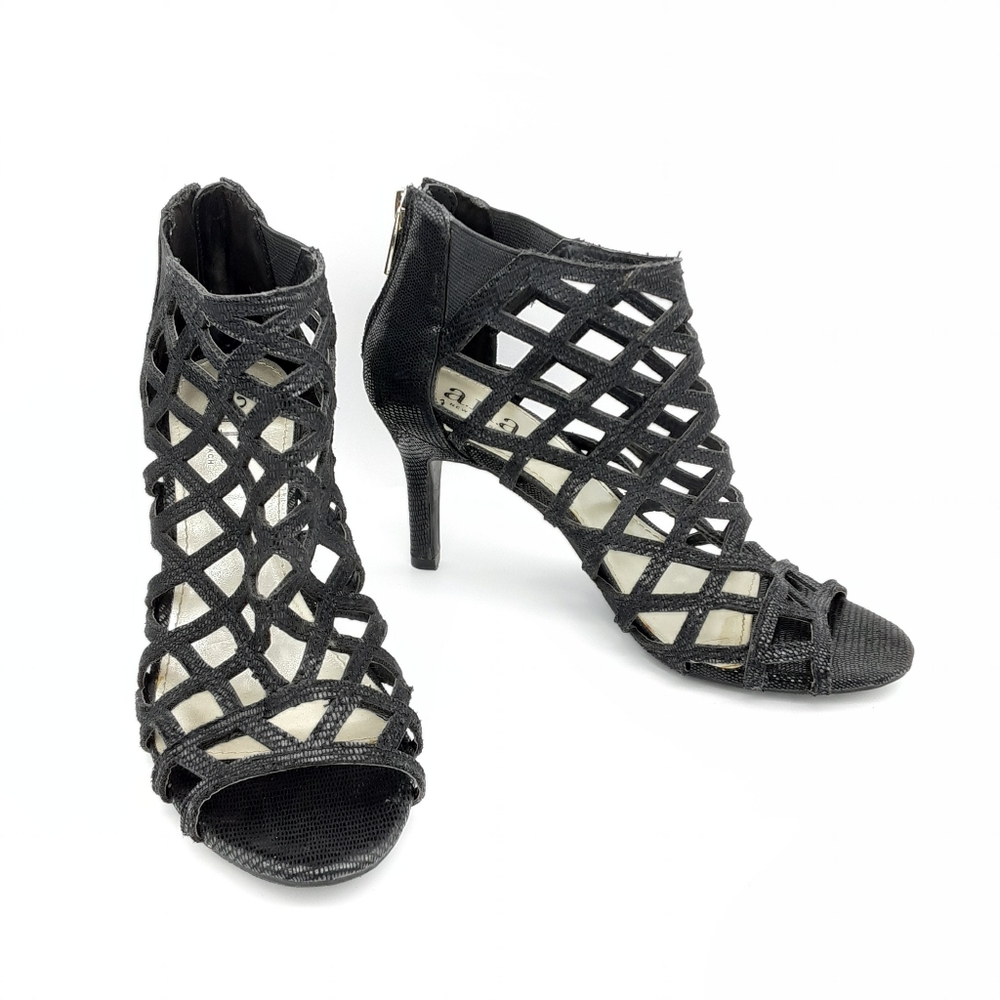 a.n.a black strappy heels weaved pumps open toe zipper back women sz 6.5